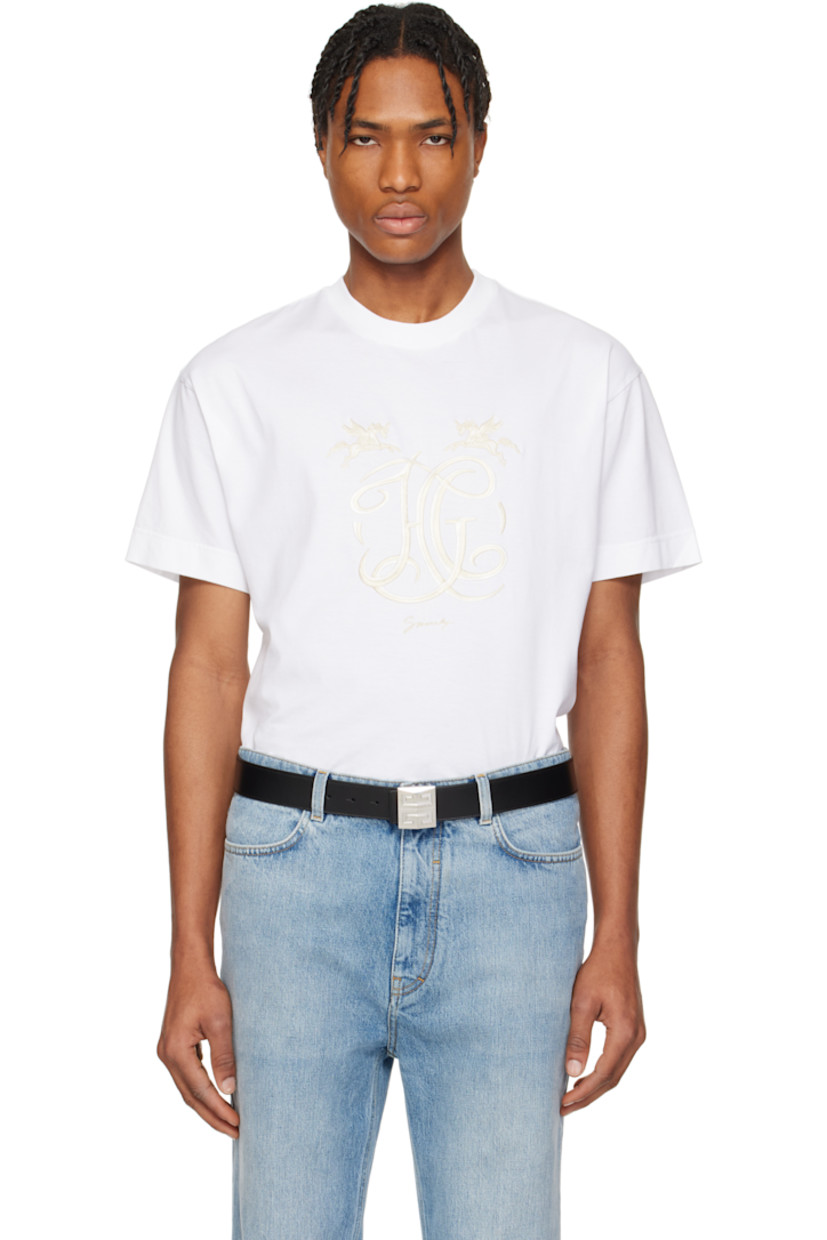 Cotton jersey T-shirt.

· Rib-knit crewneck
· Graphics and logo embroidered at front

Supplier color: White
