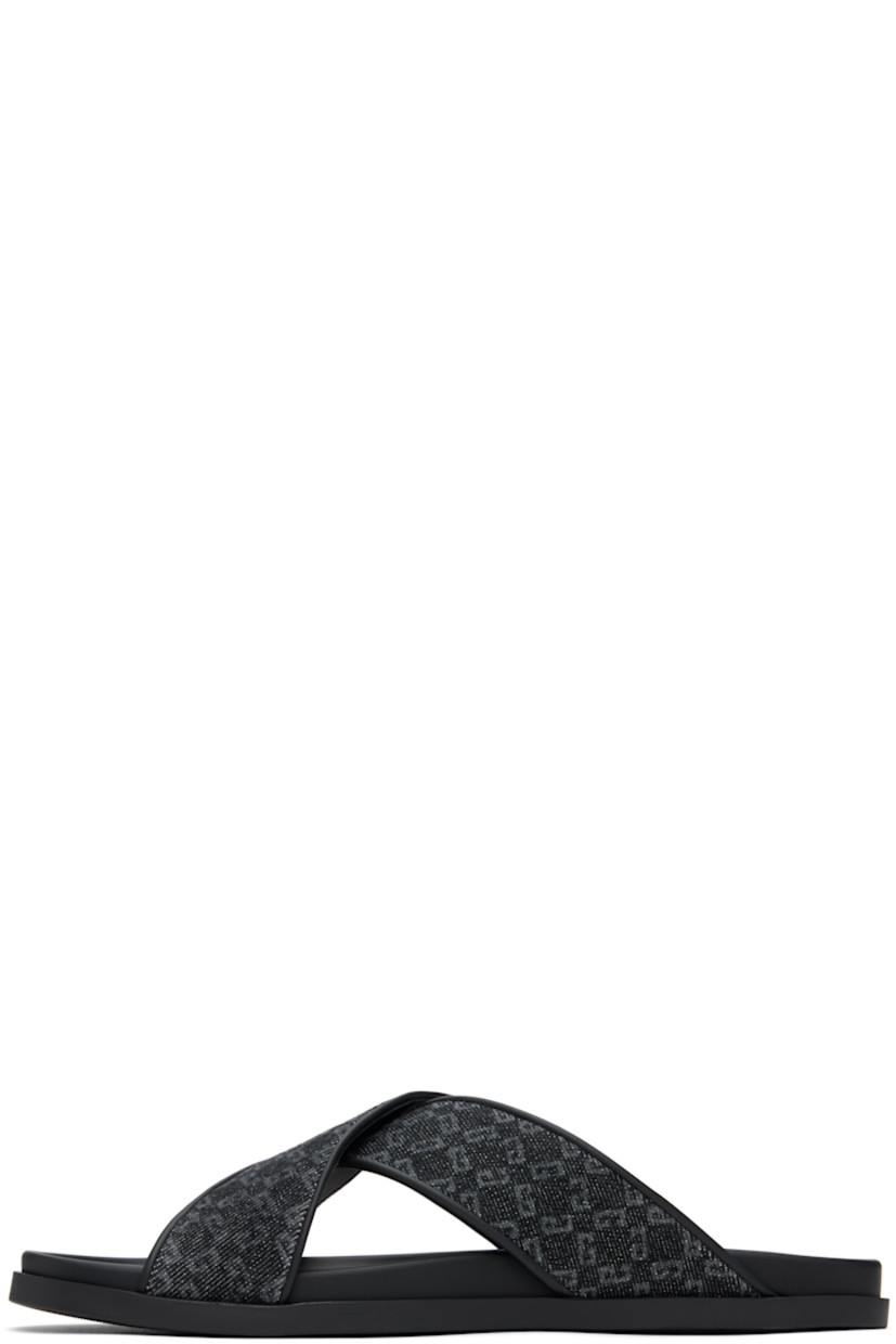 Denim and buffed calfskin pool slides in black.

· Logo pattern printed throughout
· Open toe
· Crisscrossing straps at vamp
· Buffed calfskin lining
· Logo printed at molded footbed
· Treaded rubber sole

Supplier color: Black