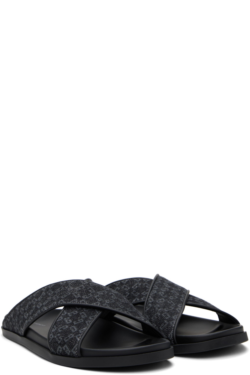 Denim and buffed calfskin pool slides in black.

· Logo pattern printed throughout
· Open toe
· Crisscrossing straps at vamp
· Buffed calfskin lining
· Logo printed at molded footbed
· Treaded rubber sole

Supplier color: Black