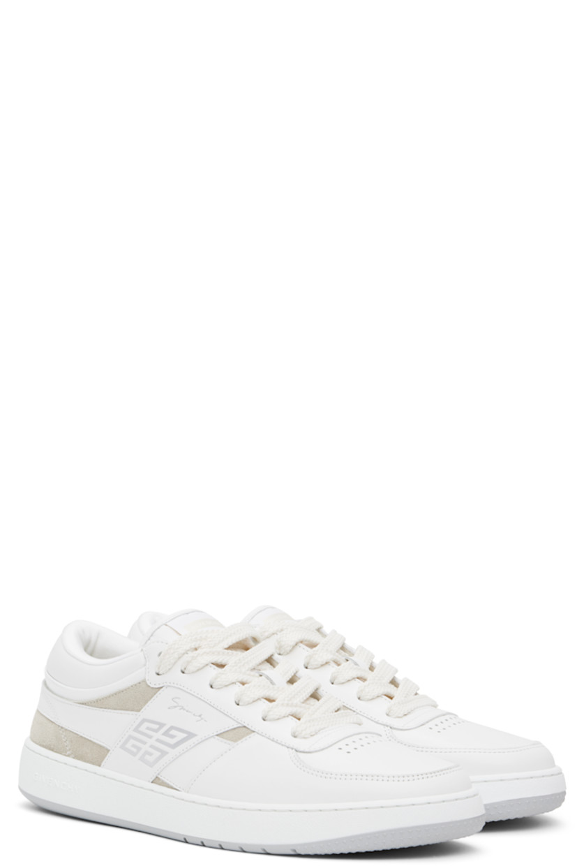 Low-top buffed calfskin and calfskin suede sneakers in white and beige. 

· Perforated detailing at toe
· Lace-up closure
· Logo patch at padded tongue
· Padded collar
· Reflective logo stamp at outer side
· Logo embossed at heel tab
· Suede and satin lining
· Logo embossed at textured rubber midsole
· Treaded rubber sole

Supplier color: White/Beige