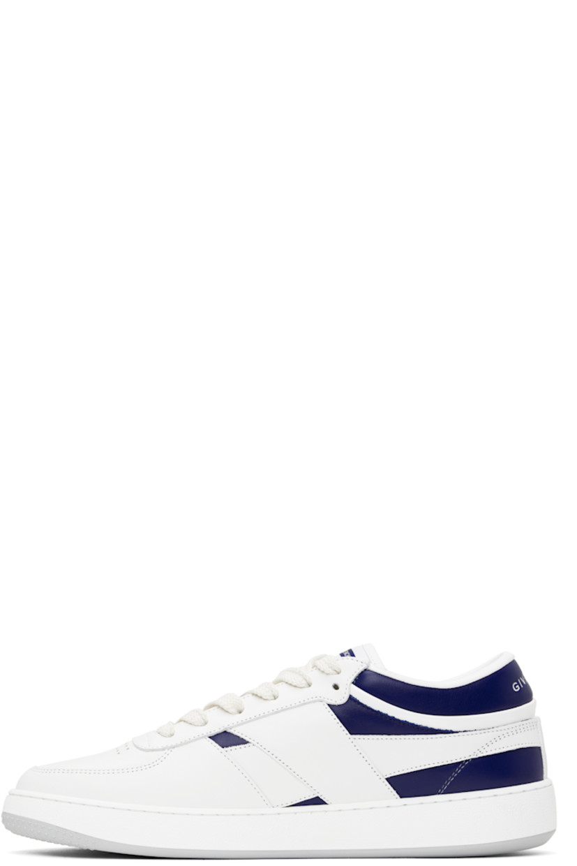 Low-top grained calfskin sneakers in white and navy.

· Perforations at toe
· Lace-up closure
· Logo patch at padded tongue
· Padded collar
· Logo stamp at outer side and heel tab
· Patent leather trim at heel tab
· Webbing trim at heel counter
· Mesh lining
· Logo embossed at textured rubber midsole
· Treaded rubber sole

Supplier color: White/Navy
