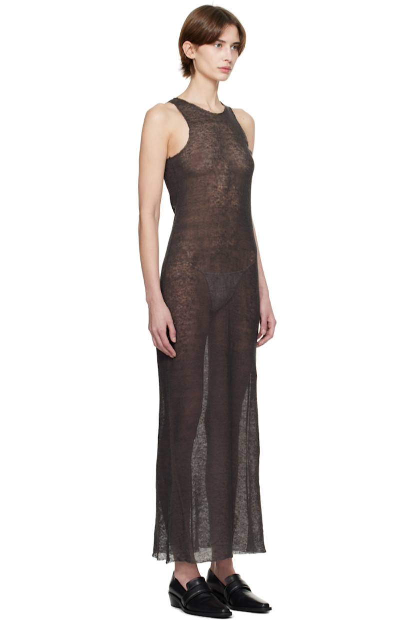 Semi-sheer linen jersey maxi dress.

· Raw edge at crewneck, hem, and armscyes
· Central seam at back

Supplier color: Washed black