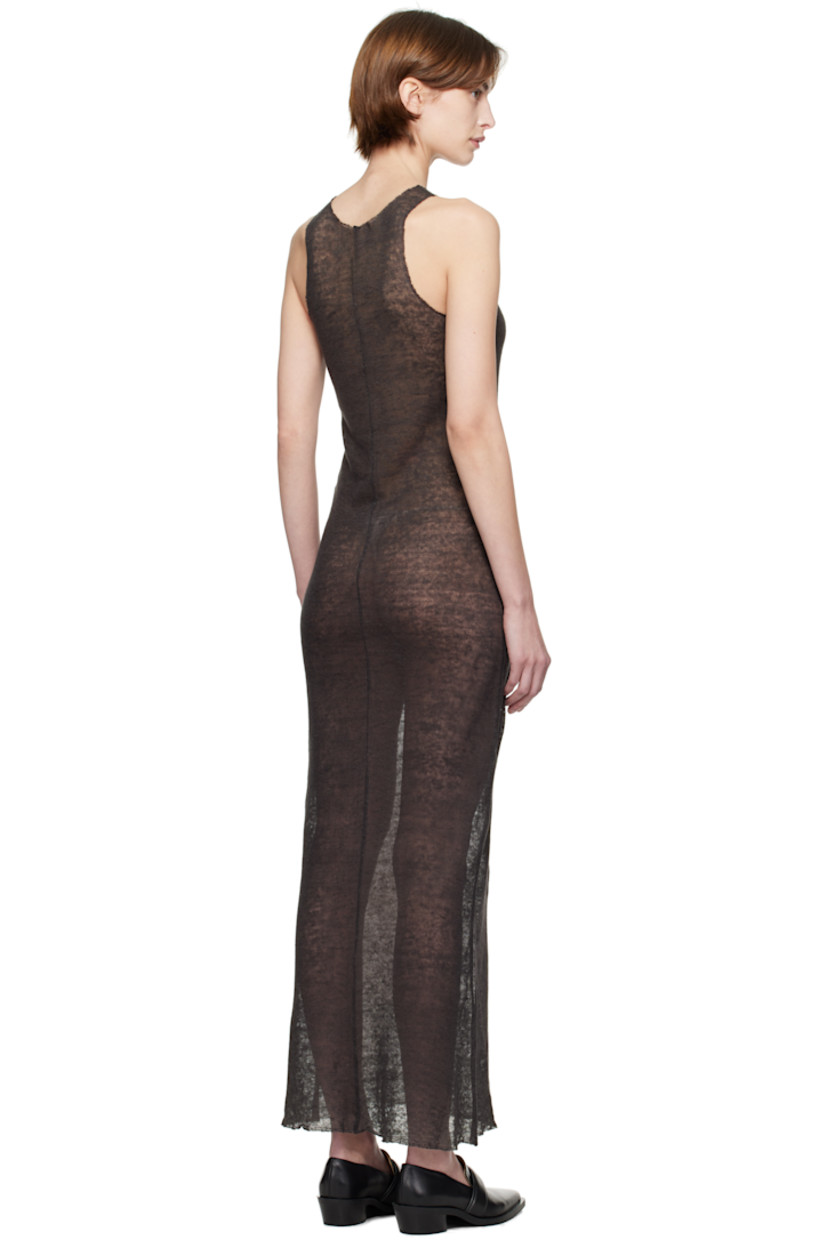 Semi-sheer linen jersey maxi dress.

· Raw edge at crewneck, hem, and armscyes
· Central seam at back

Supplier color: Washed black