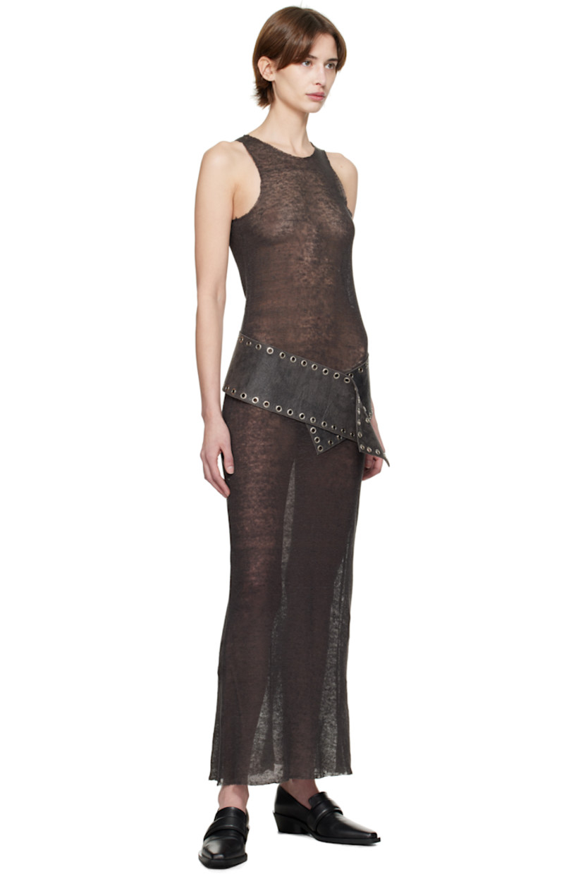 Semi-sheer linen jersey maxi dress.

· Raw edge at crewneck, hem, and armscyes
· Central seam at back

Supplier color: Washed black