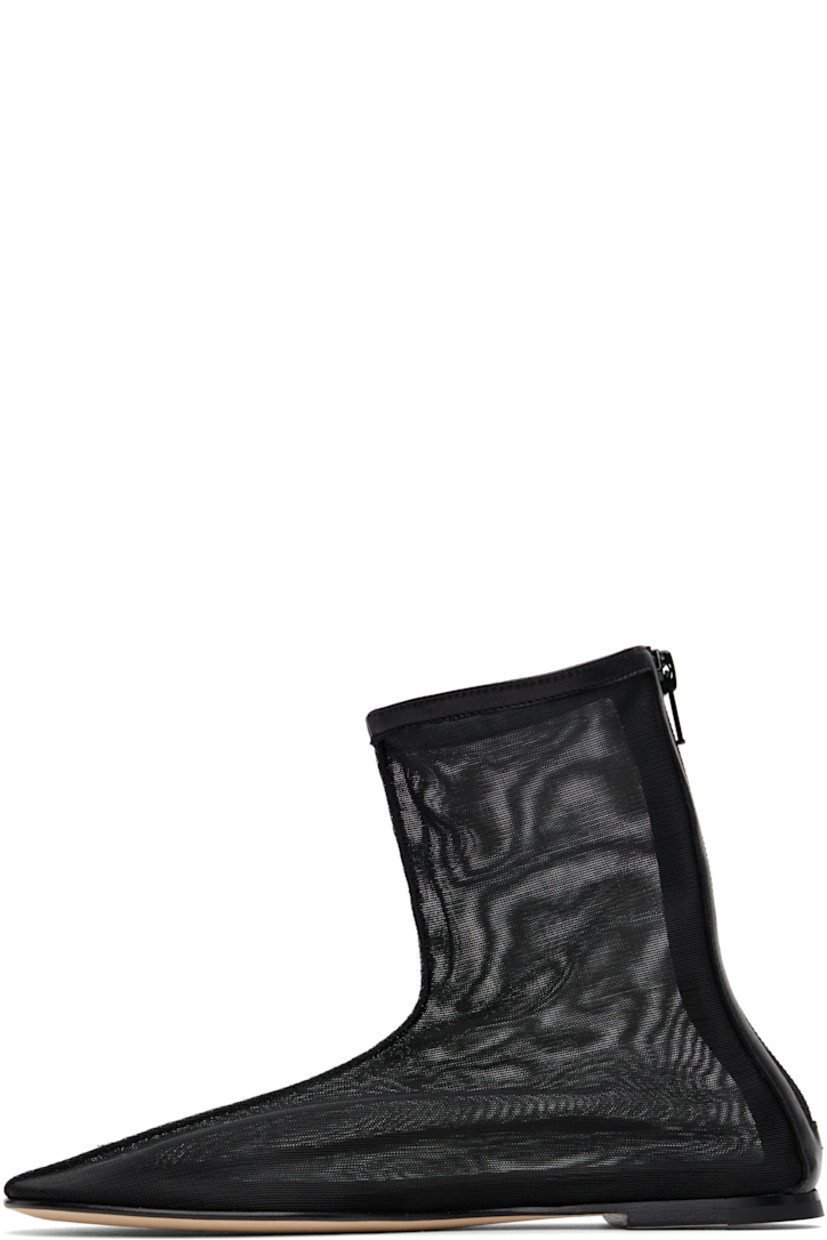 Ankle-high handcrafted sheer mesh boots in black. 

· Buffed leather trim throughout
· Pinched seam at vamp
· Zip closure at heel
· Logo stamp at padded leather footbed
· Stacked leather heel with rubber injection
· Nubuck sole

Supplier color: Black