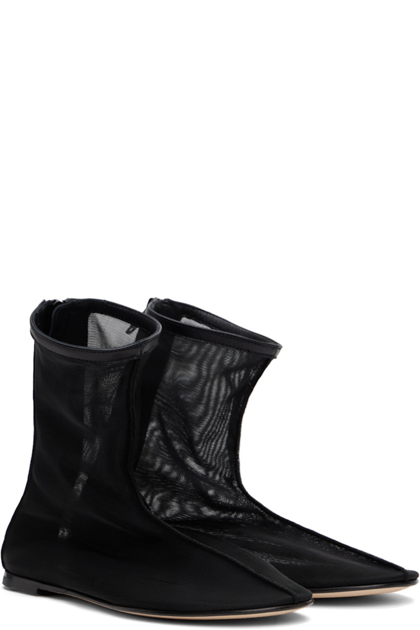 Ankle-high handcrafted sheer mesh boots in black. 

· Buffed leather trim throughout
· Pinched seam at vamp
· Zip closure at heel
· Logo stamp at padded leather footbed
· Stacked leather heel with rubber injection
· Nubuck sole

Supplier color: Black