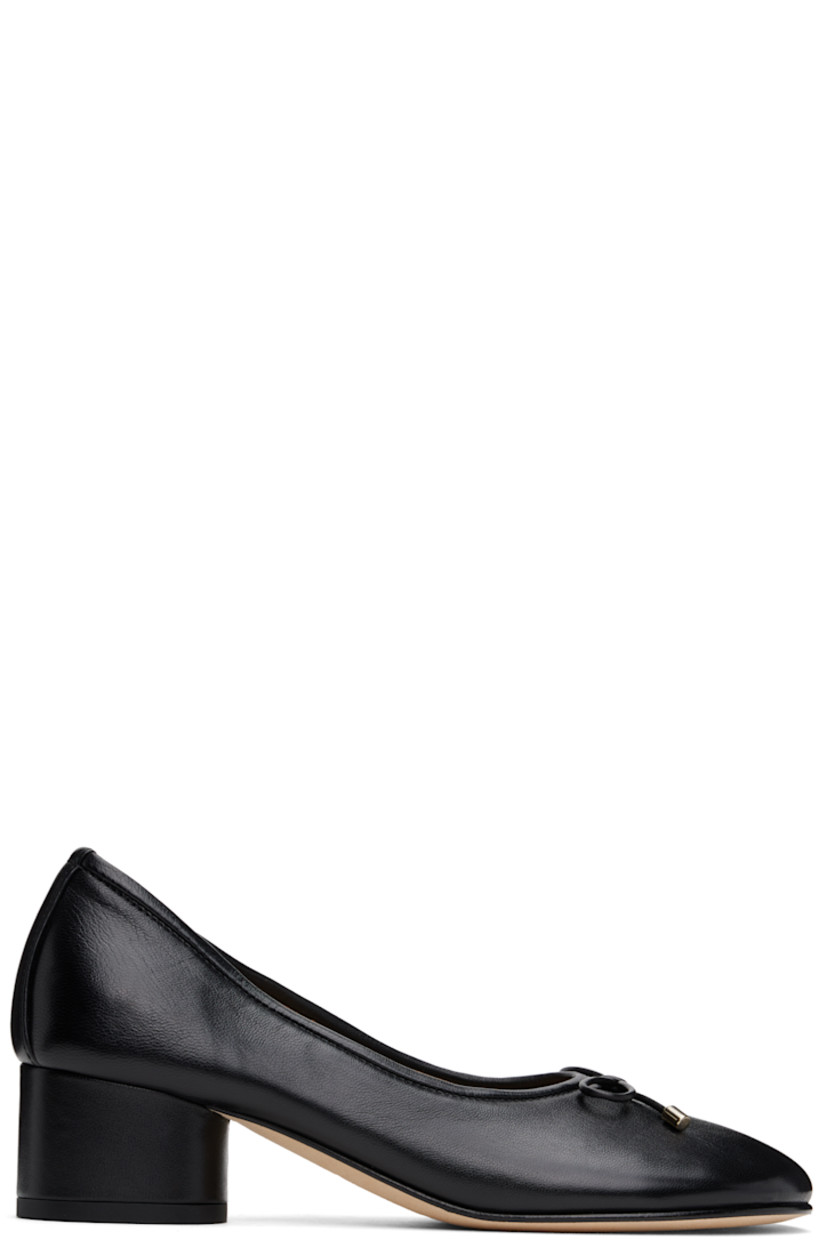 Handcrafted grained nappa leather heels in black 

· Hand-painted edges throughout 
· Bow accent at vamp
· Logo stamp at padded leather footbed
· Suede lining
· Covered block heel with rubber injection
· Nubuck sole
· Heel: H1.75"

Supplier color: Black