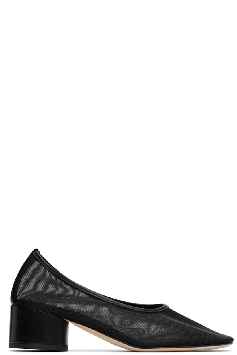Handcrafted semi-sheer mesh heels in black. 

· Buffed leather trim at collar and heel
· Logo stamp at padded leather footbed
· Covered block heel with rubber injection
· Nubuck sole
· Heel: H1.75"

Supplier color: Black