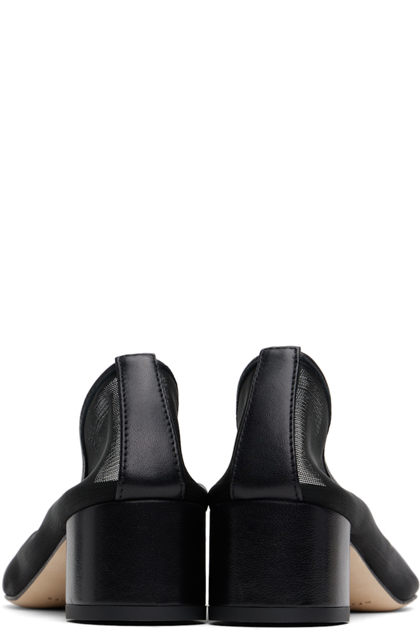 Handcrafted semi-sheer mesh heels in black. 

· Buffed leather trim at collar and heel
· Logo stamp at padded leather footbed
· Covered block heel with rubber injection
· Nubuck sole
· Heel: H1.75"

Supplier color: Black