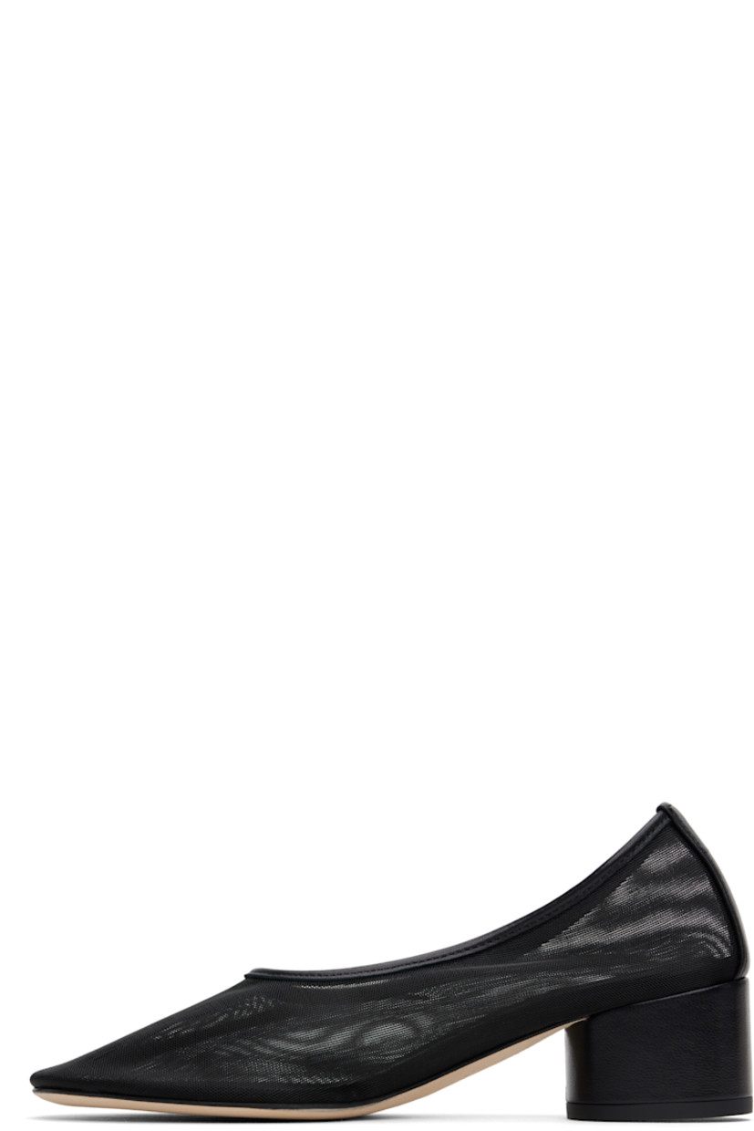 Handcrafted semi-sheer mesh heels in black. 

· Buffed leather trim at collar and heel
· Logo stamp at padded leather footbed
· Covered block heel with rubber injection
· Nubuck sole
· Heel: H1.75"

Supplier color: Black