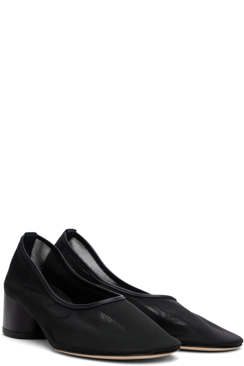 Handcrafted semi-sheer mesh heels in black. 

· Buffed leather trim at collar and heel
· Logo stamp at padded leather footbed
· Covered block heel with rubber injection
· Nubuck sole
· Heel: H1.75"

Supplier color: Black