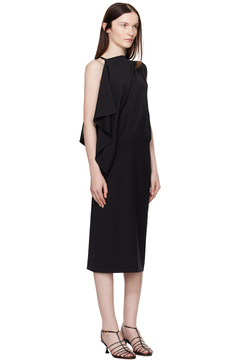 Stretch wool gabardine midi dress. 

· Draped construction
· Asymmetric boat neck
· Concealed zip closure at waist
· Fixed shoulder strap
· Vent at back hem
· Unlined

Supplier color: Black