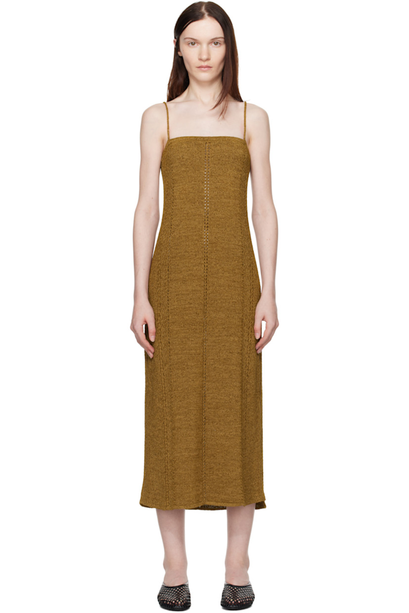 Slim-fit knit nylon- and viscose-blend midi dress. Rib-knit and pointelle-knit detailing throughout.

· Straight neck
· Slit at side seam
· Fixed spaghetti straps

Supplier color: Ochre