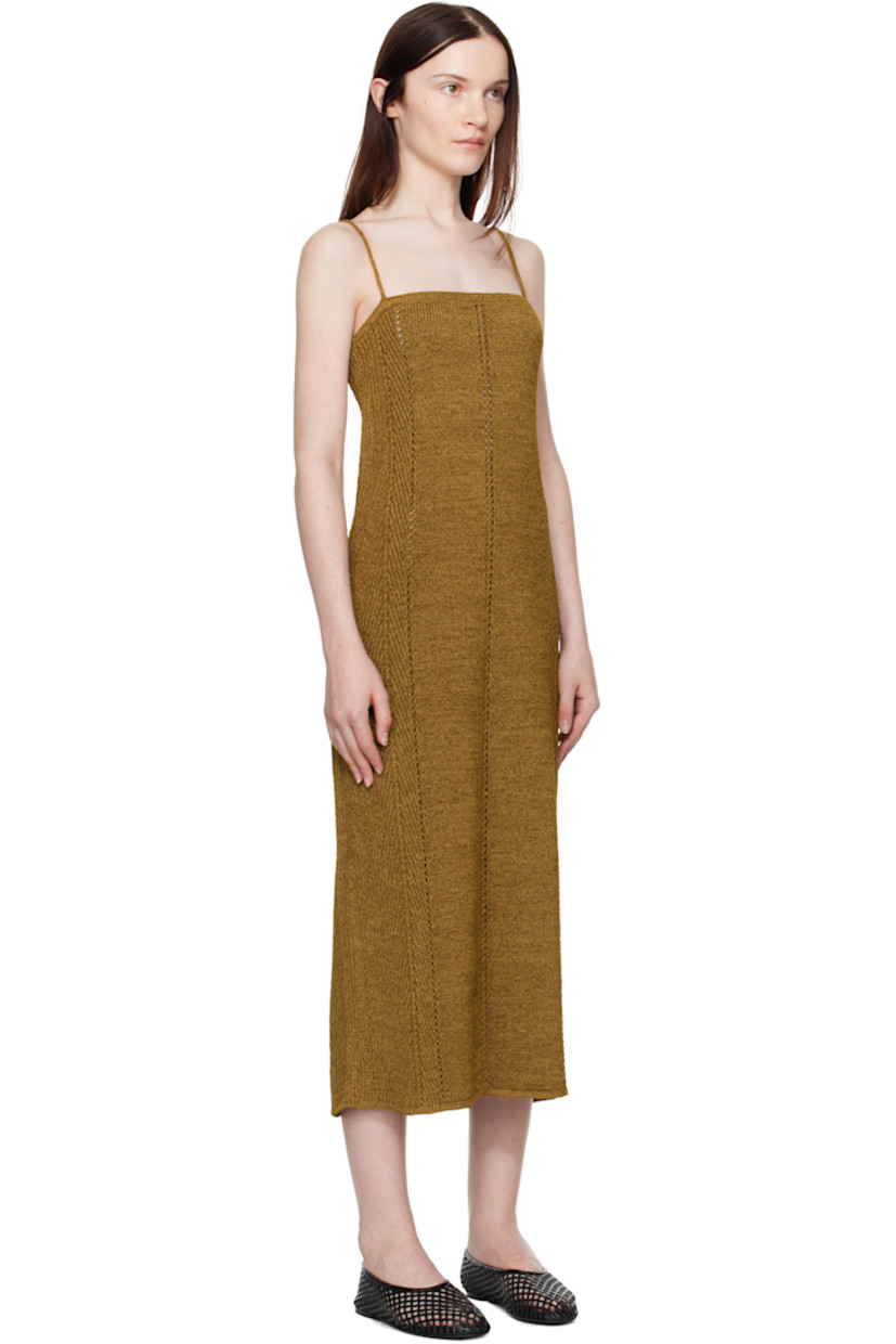 Slim-fit knit nylon- and viscose-blend midi dress. Rib-knit and pointelle-knit detailing throughout.

· Straight neck
· Slit at side seam
· Fixed spaghetti straps

Supplier color: Ochre
