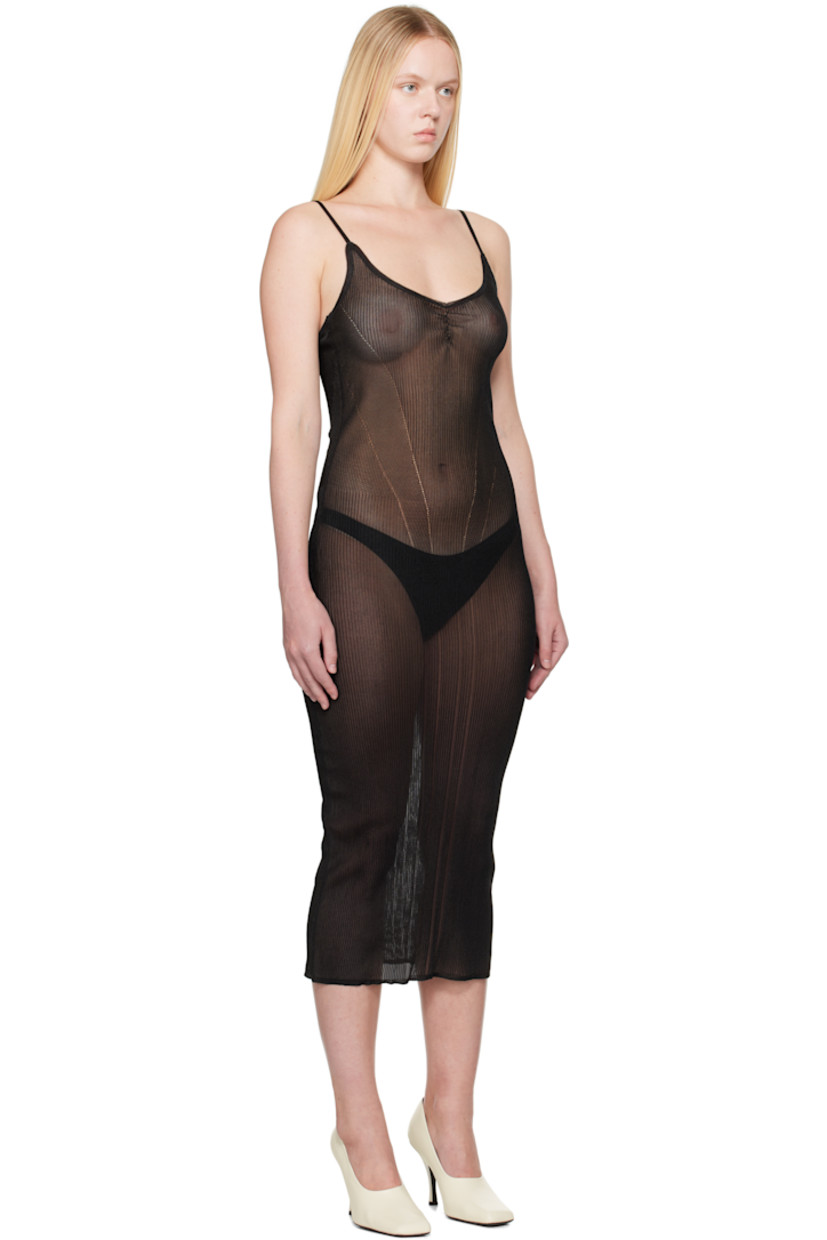 Semi-sheer rib-knit nylon-blend maxi dress.

· V-neck
· Ruching at chest
· Fixed spaghetti straps
· Low back

Supplier color: Black