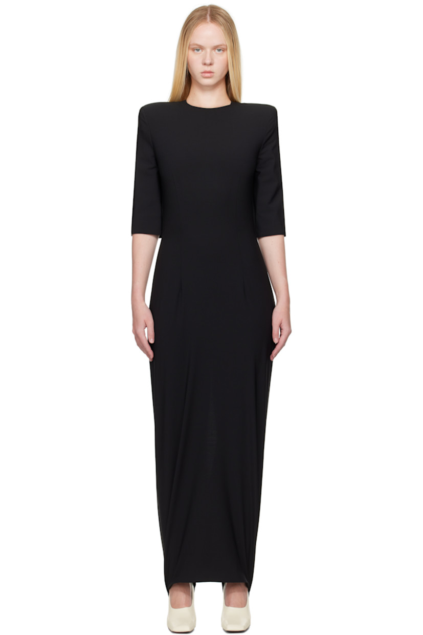 Plain-woven stretch virgin wool-blend maxi dress.

· Round neck
· Logo-woven elasticized stirrups at hem
· Padded shoulders
· Zip closure at back
· Central vent at back hem

Supplier color: Black