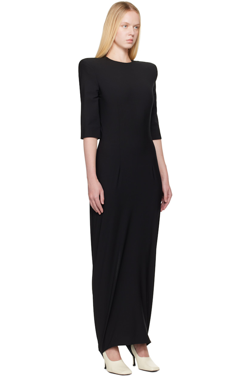 Plain-woven stretch virgin wool-blend maxi dress.

· Round neck
· Logo-woven elasticized stirrups at hem
· Padded shoulders
· Zip closure at back
· Central vent at back hem

Supplier color: Black