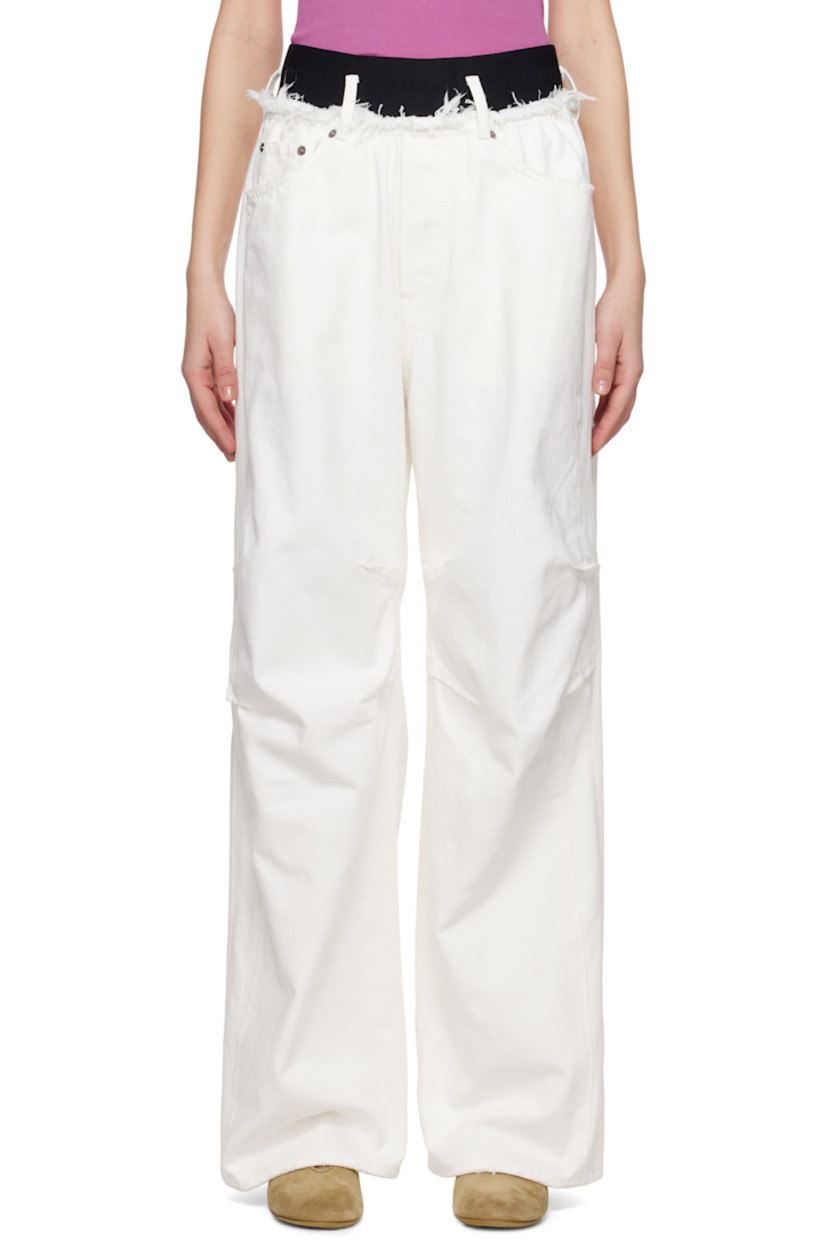Non-stretch denim jeans. Subtle distressing throughout.

· Belt loops
· Frayed edge at logo-woven elasticized waistband
· Five-pocket styling
· Button-fly
· Tucks at knees
· Logo-engraved antiqued silver-tone hardware

Supplier color: White wash