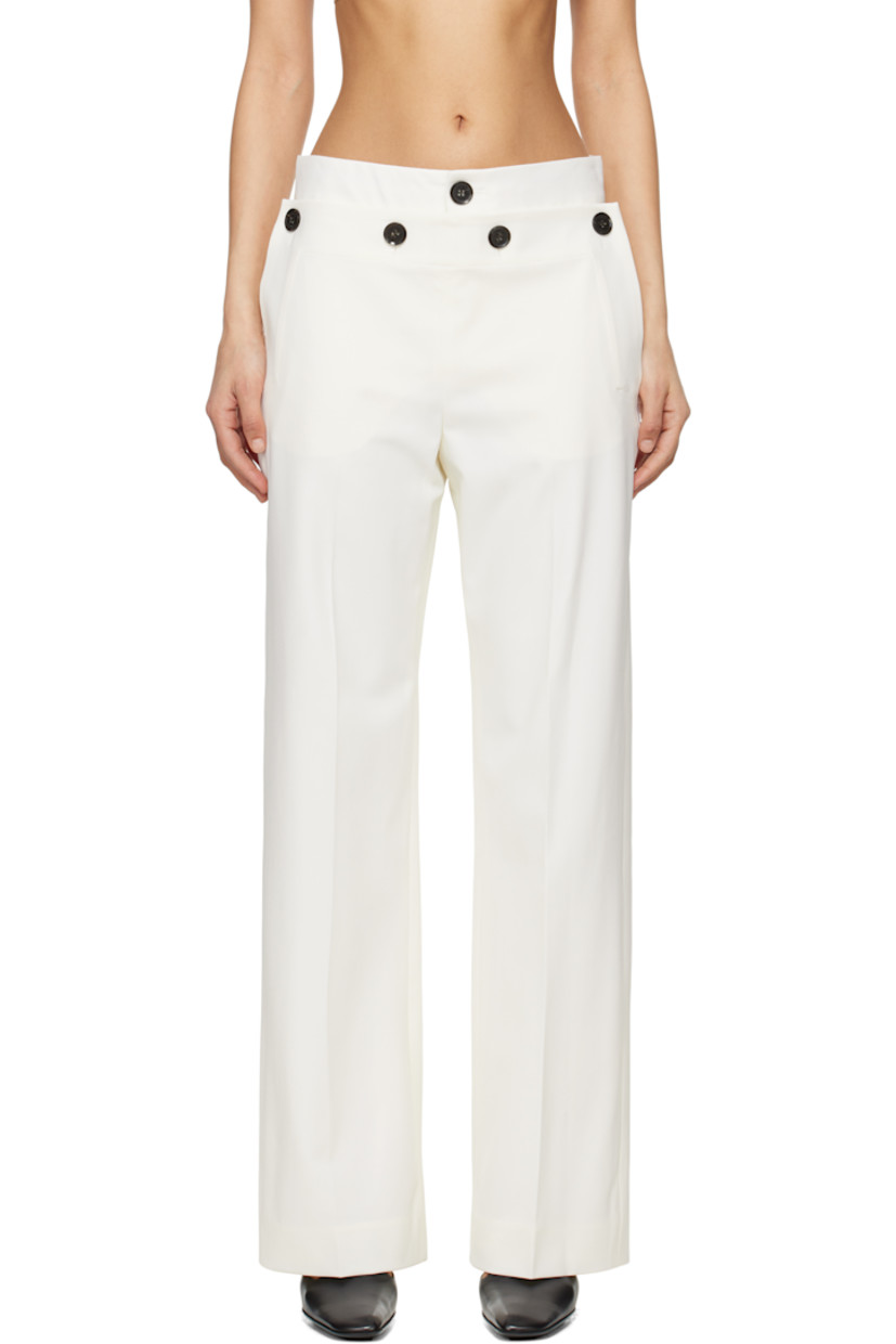 Straight-leg stretch virgin wool-blend gabardine trousers.

· Low-rise
· Three-pocket styling
· Zip-fly
· Buttoned fold-down panel at front
· Creased legs
· Belt loops and darts at back waistband 

Supplier color: Off white