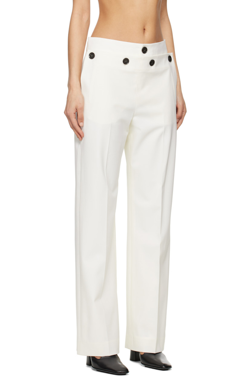 Straight-leg stretch virgin wool-blend gabardine trousers.

· Low-rise
· Three-pocket styling
· Zip-fly
· Buttoned fold-down panel at front
· Creased legs
· Belt loops and darts at back waistband 

Supplier color: Off white