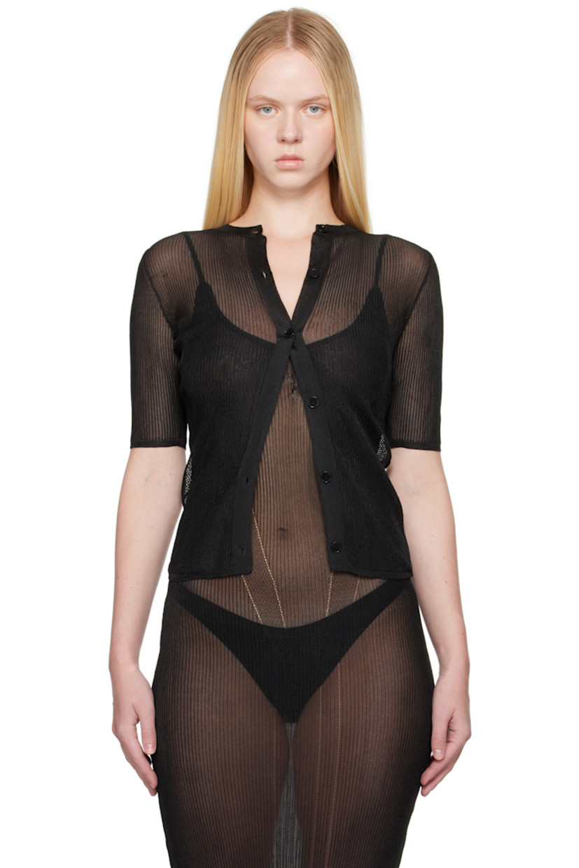 Semi-sheer rib-knit nylon-blend cardigan.

· Crewneck
· Button closure

Supplier color: Black