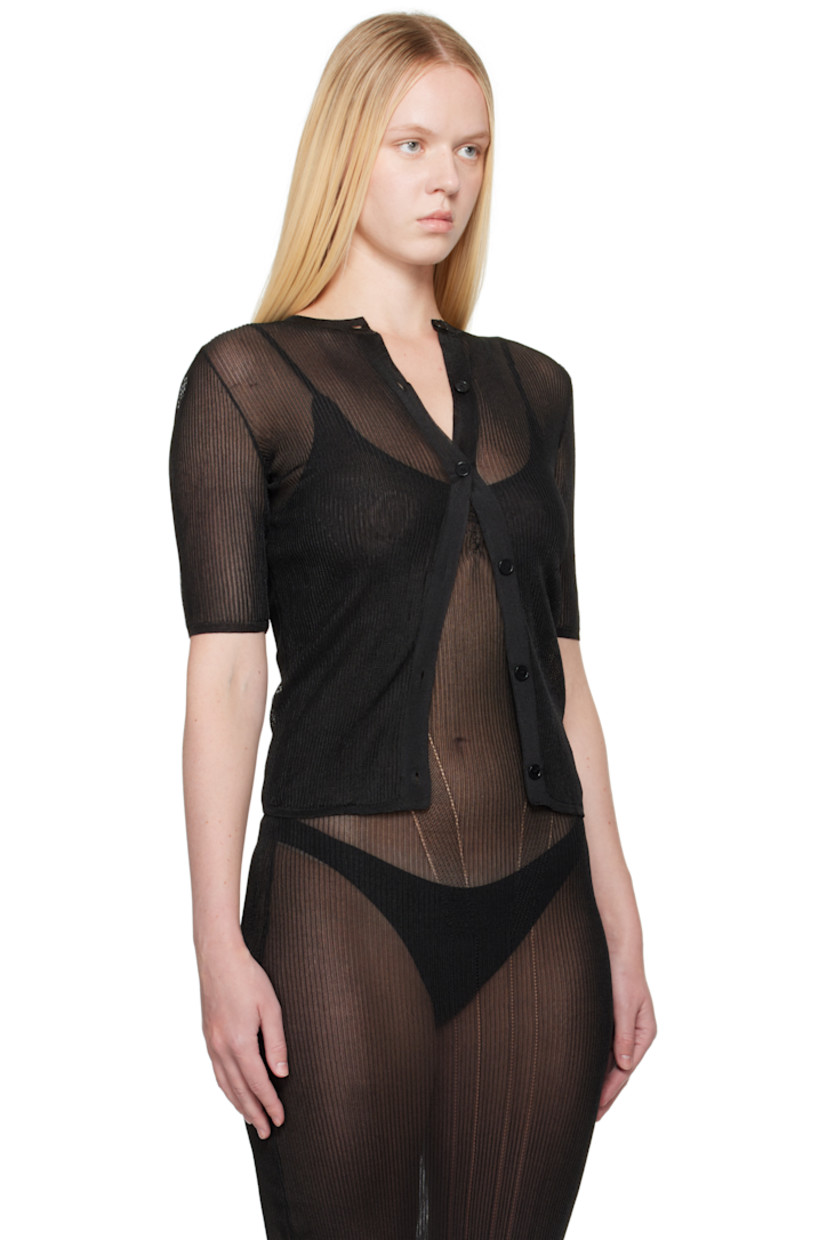 Semi-sheer rib-knit nylon-blend cardigan.

· Crewneck
· Button closure

Supplier color: Black