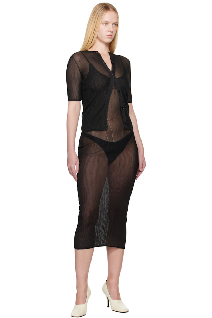 Semi-sheer rib-knit nylon-blend cardigan.

· Crewneck
· Button closure

Supplier color: Black