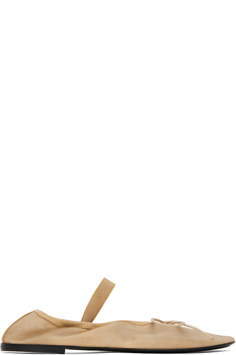 Semi-sheer mesh Mary Jane-style ballerina flats in beige.

· Bow accent at vamp
· Elasticized strap and collar
· Calfskin sole with rubber injection

Supplier color: Sand