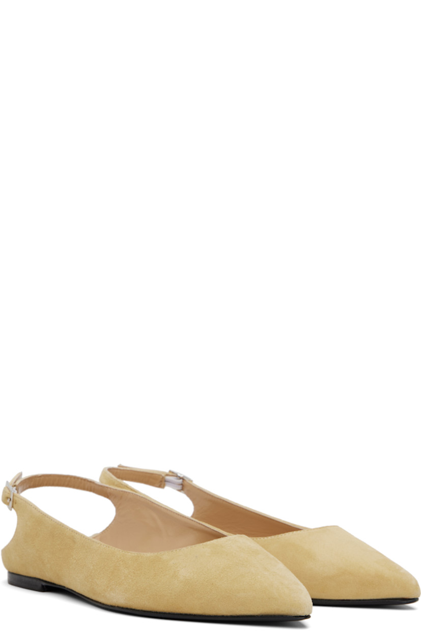 Goatskin suede ballerina flats in beige. 

· Pointed toe
· Pin-buckle slingback strap
· Buffed leather lining
· Stacked leather heel with rubber injection
· Polished leather sole

Supplier color: Reed