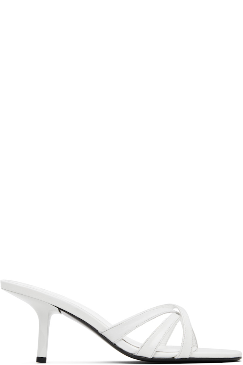 Creased calfskin heeled sandals in white. 

· Open toe
· Crisscrossing straps at vamp
· Logo embossed at molded footbed
· Covered heel with rubber injection
· Polished leather sole
· Heel: H3"

Supplier color: Burrata
