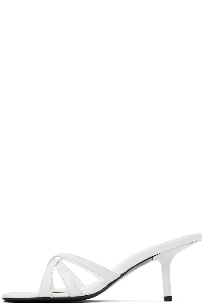 Creased calfskin heeled sandals in white. 

· Open toe
· Crisscrossing straps at vamp
· Logo embossed at molded footbed
· Covered heel with rubber injection
· Polished leather sole
· Heel: H3"

Supplier color: Burrata