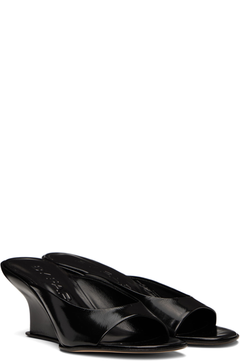 Polished lambskin mules in black.

· Open toe
· Strap at vamp
· Covered wedge heel 
· Logo embossed at footbed
· Nubuck sole with rubber injection
· Heel: H2.5"

Supplier color: Black