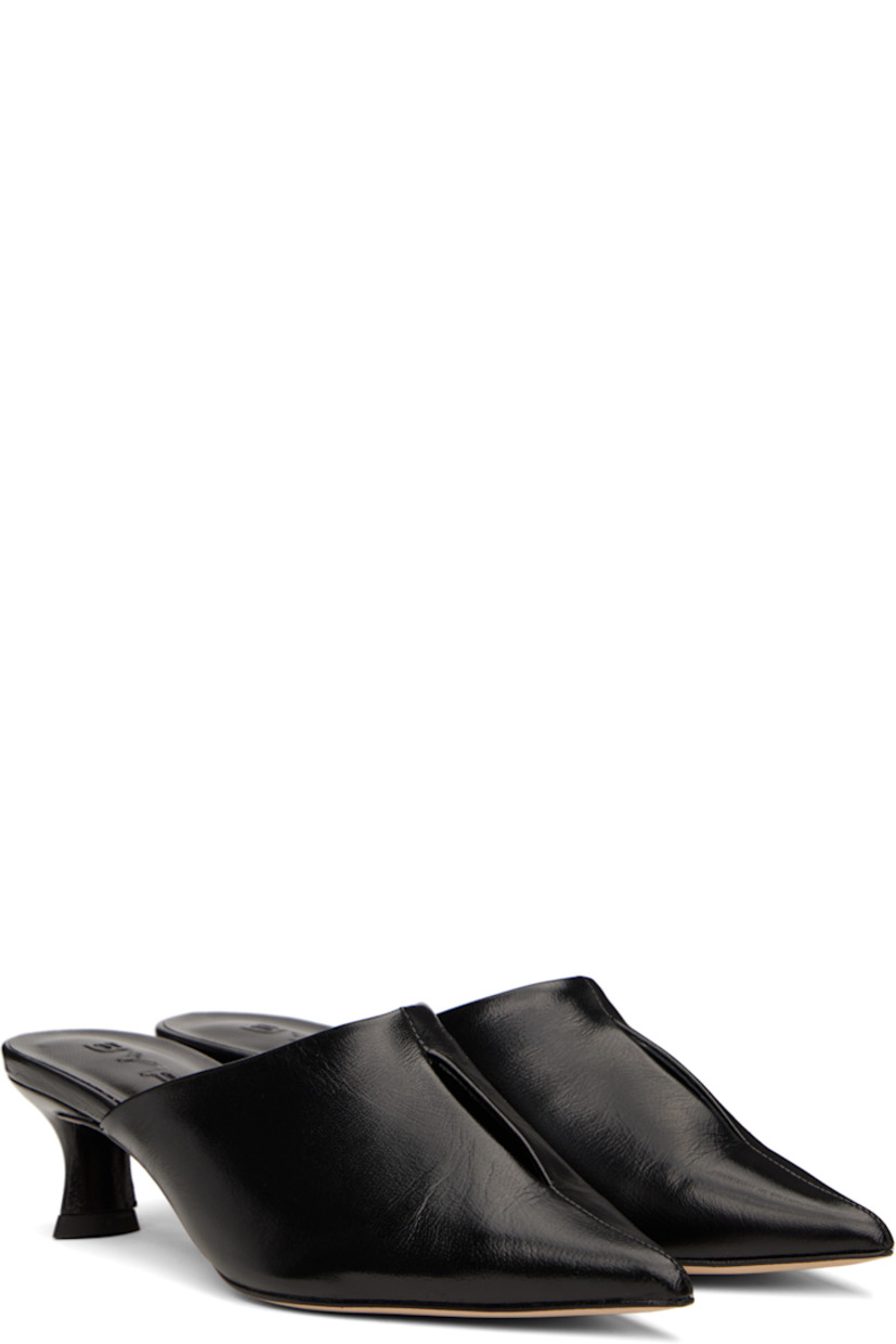 Polished nappa lambskin mules in black.

· Pointed toe
· Cutout at vamp
· Covered kitten heel with rubber injection
· Logo embossed at footbed
· Nubuck sole
· Heel: H2.25"

Supplier color: Black