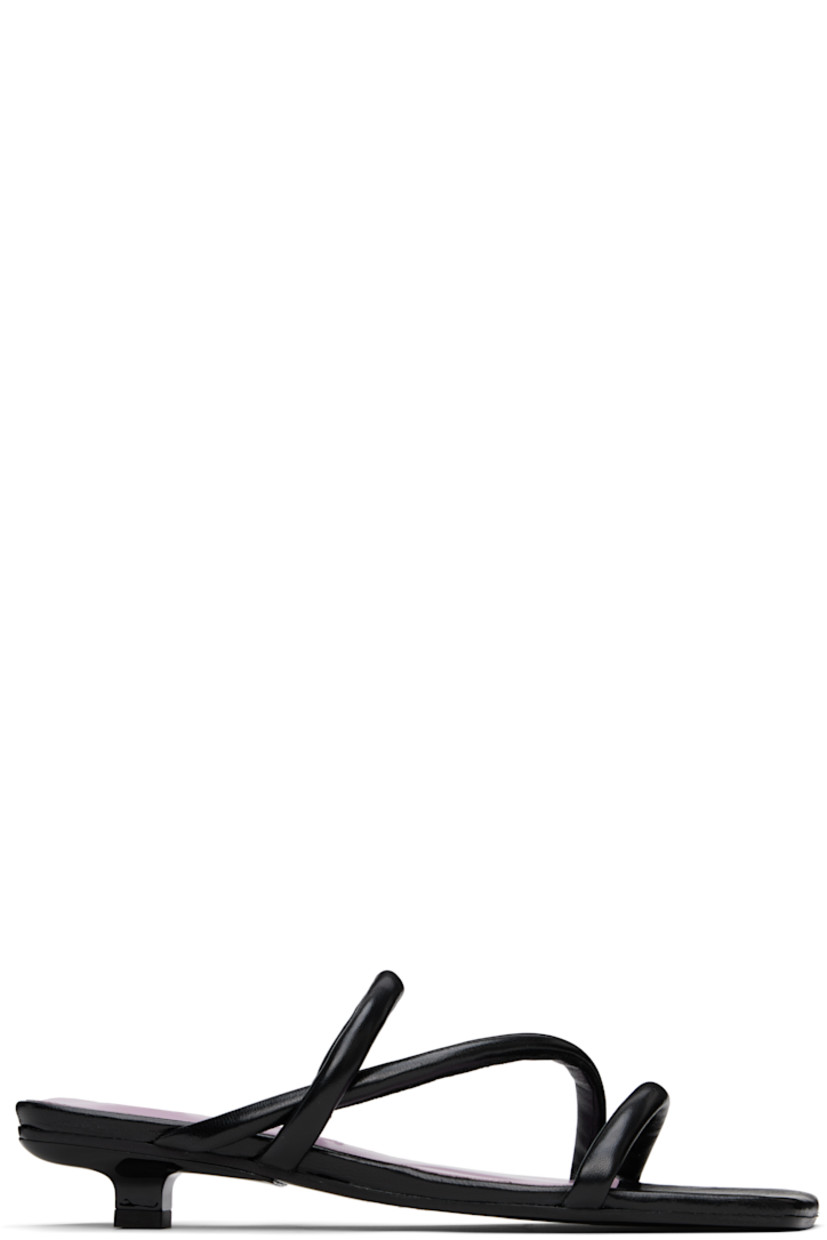 Buffed nappa leather heeled sandals in black. 

· Open square toe
· Padded and partially elasticized straps at vamp
· Logo embossed at molded footbed
· Covered kitten heel with rubber injection
· Polished leather sole
· Heel: H1.25"

Supplier color: Black