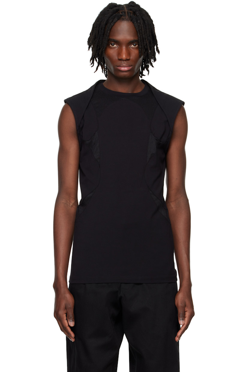 Slim-fit stretch cotton jersey tank top. 

· Paneled construction 
· Rib-knit crewneck 
· Crepon trim at front and side seams 
· Lapped shoulders

Supplier color: Black