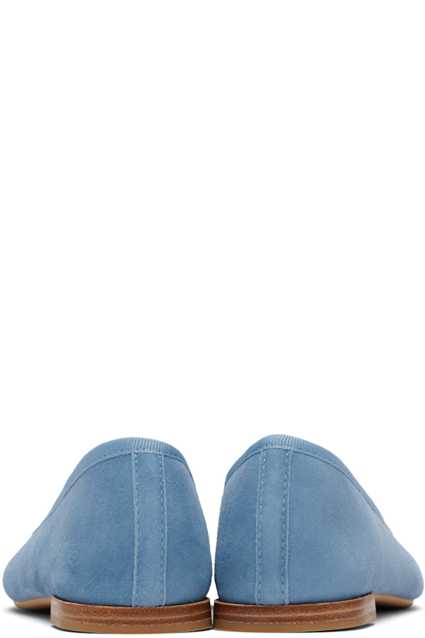 Goatskin suede ballerina flats.

· Bow accent at vamp
· Grosgrain trim at collar
· Twill lining
· Stacked leather heel with rubber injection
· Rubber sole

Supplier color: Eden blue