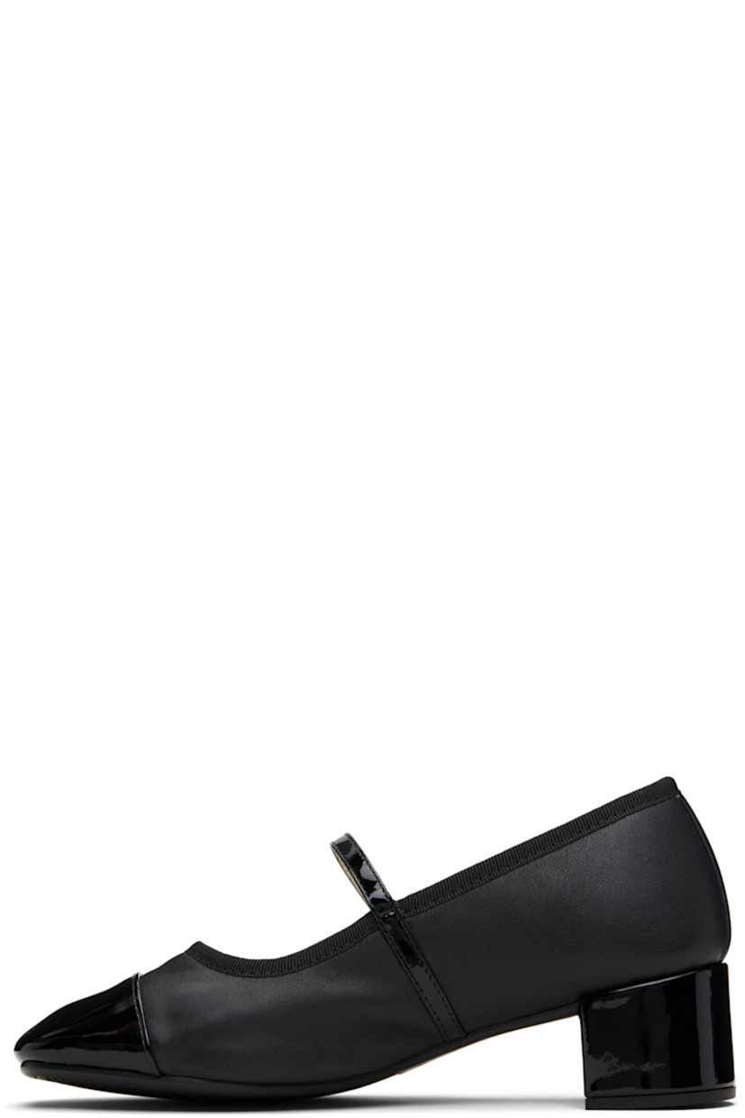 Buffed and patent leather Mary Jane-style heels.

· Pin-buckle strap at vamp
· Grosgrain trim at collar
· Twill lining
· Covered block heel with rubber injection
· Treaded rubber sole
· Heel: H1.75"

Supplier color: Black