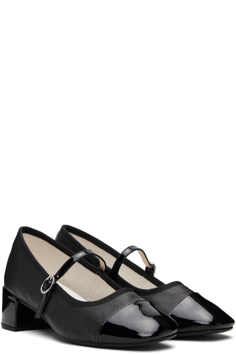 Buffed and patent leather Mary Jane-style heels.

· Pin-buckle strap at vamp
· Grosgrain trim at collar
· Twill lining
· Covered block heel with rubber injection
· Treaded rubber sole
· Heel: H1.75"

Supplier color: Black
