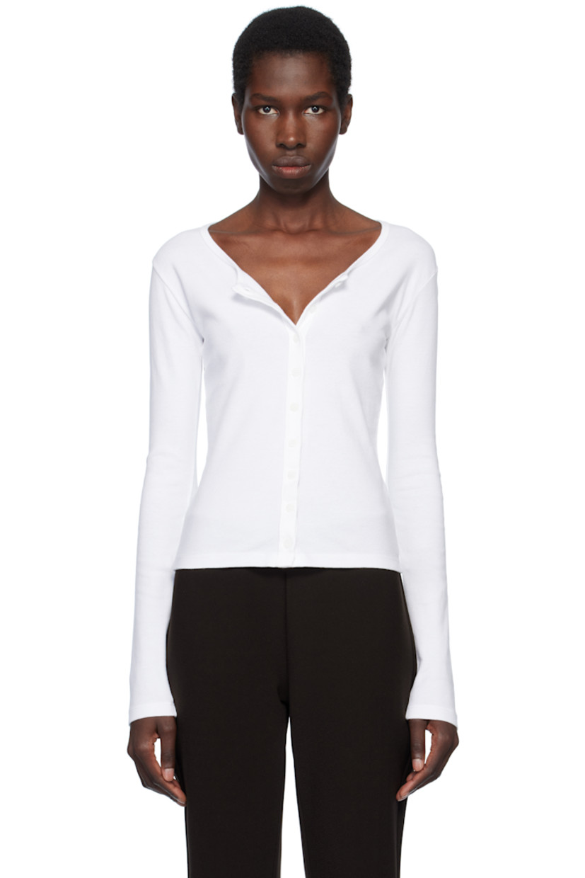 Cotton ribbed jersey cardigan.

· Scoop neck
· Button closure 

Supplier color: White
