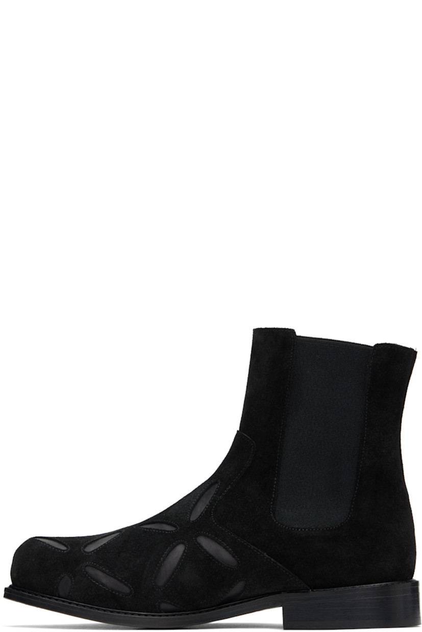 Ankle-high suede Chelsea boots in black.

· Square toe
· Graphic cutouts at vamp
· Elasticized gusset at sides
· Stacked leather heel with rubber injection
· Polished leather sole

Supplier color: Black
