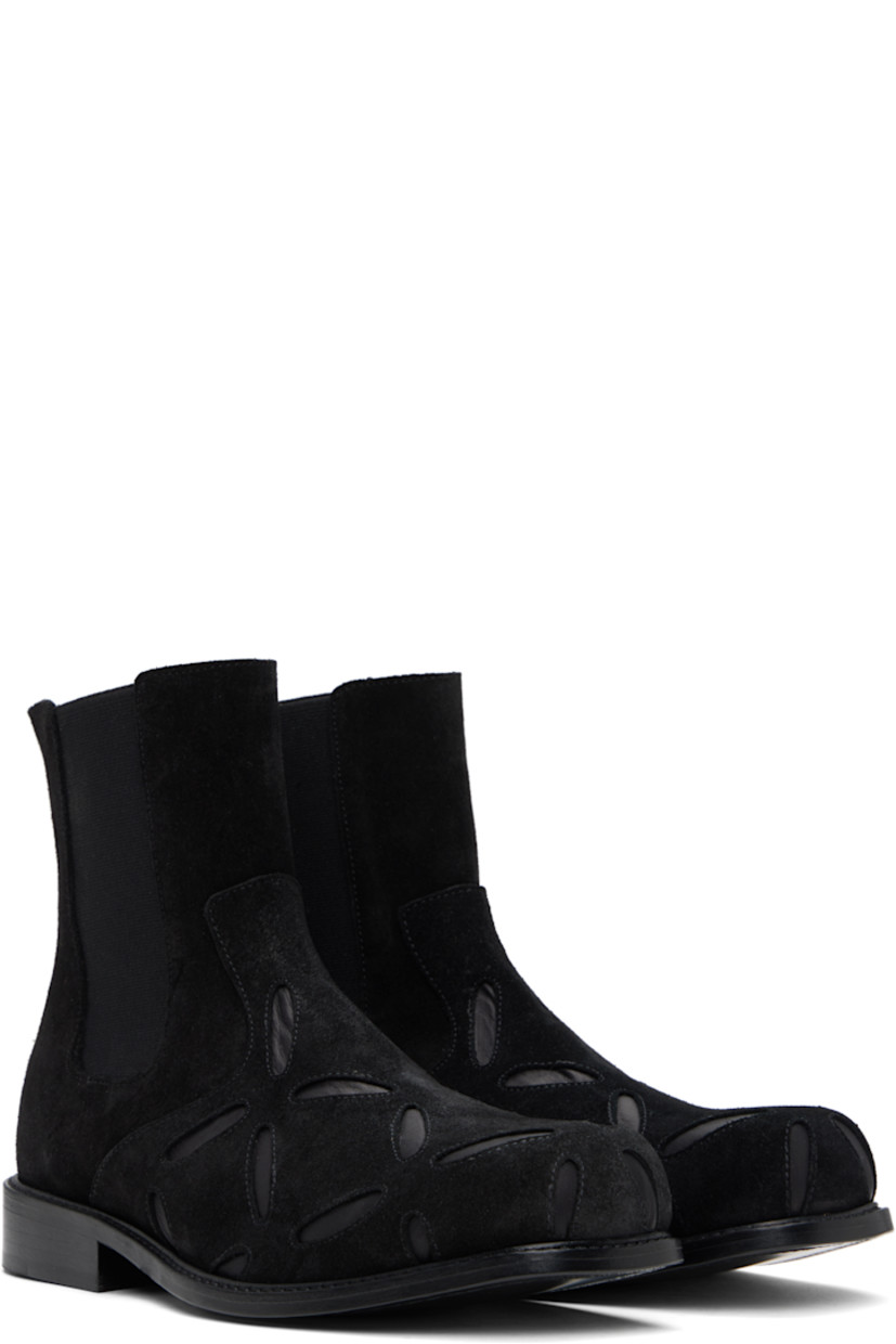 Ankle-high suede Chelsea boots in black.

· Square toe
· Graphic cutouts at vamp
· Elasticized gusset at sides
· Stacked leather heel with rubber injection
· Polished leather sole

Supplier color: Black