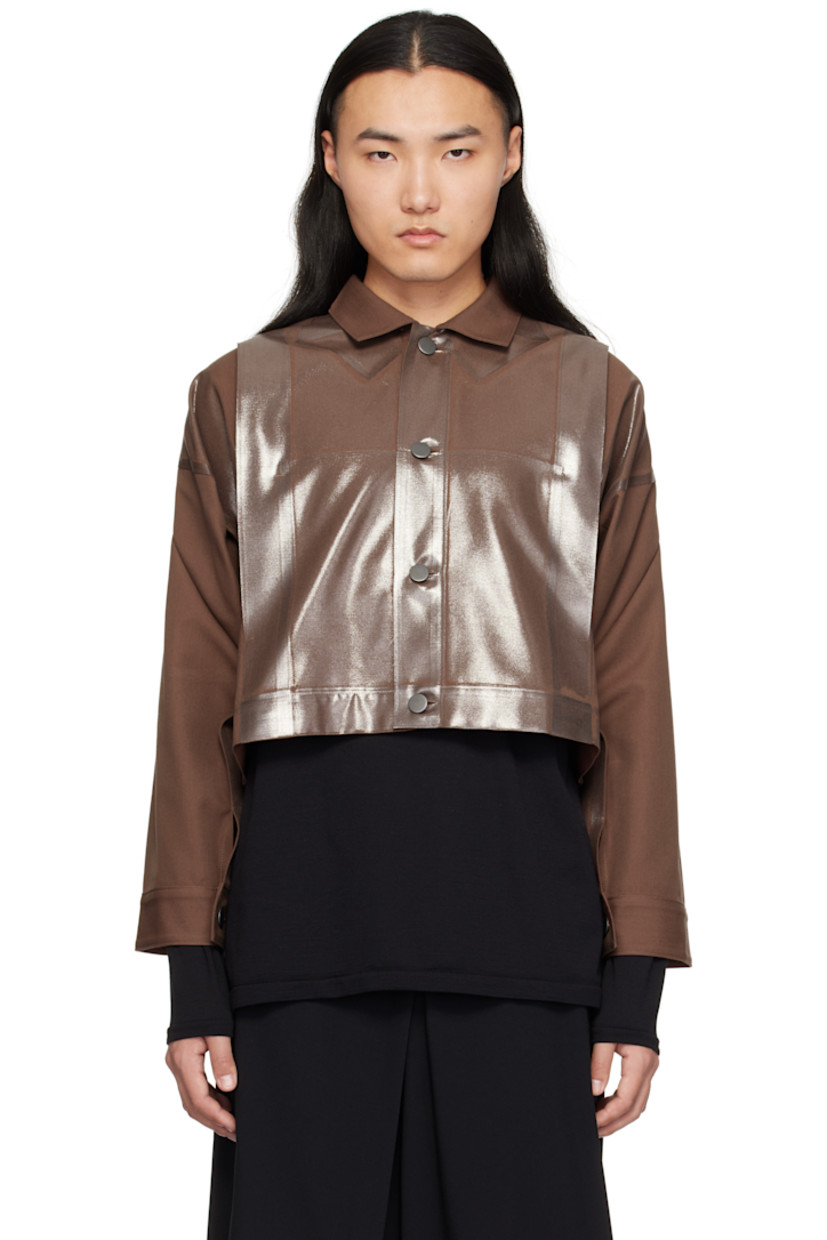 Foiled-coated polyester- and cotton-blend twill jacket. 

· Spread collar 
· Button closure
· Tucks at front and back
· Seam pockets
· Dropped shoulders 
· Single-button barrel cuffs
· Unlined

Supplier color: Brown