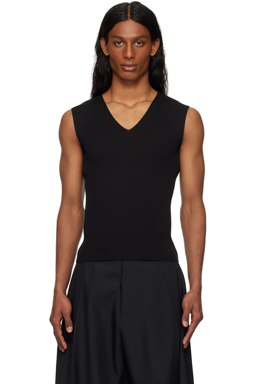 Rib-knit stretch cotton-blend sweater. 

· Quick-drying and moisture-wicking
· Seamless construction
· V-neck 

Supplier color: Black