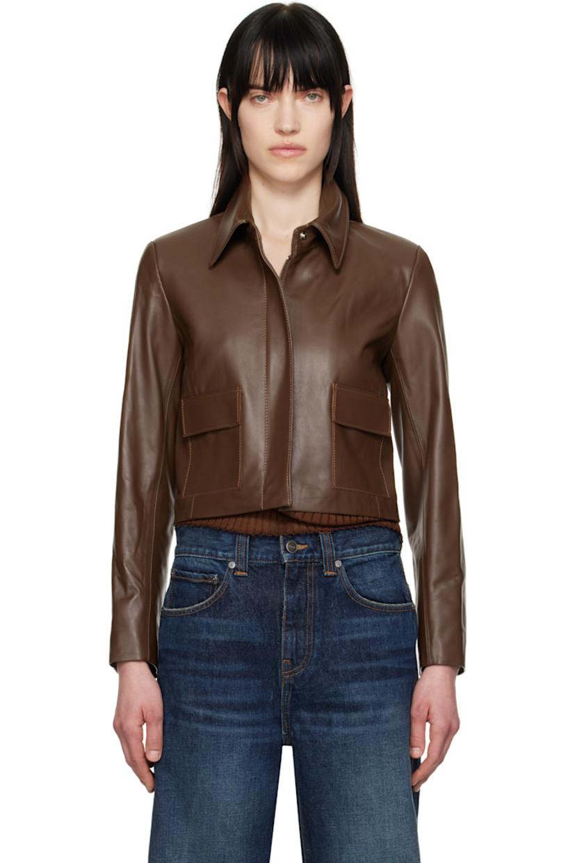 Lightweight grained lambskin jacket.

· Spread collar 
· Concealed zip closure
· Flap pockets 
· Cropped hem
· Padded shoulders
· Full twill lining

Supplier color: Milk chocolate