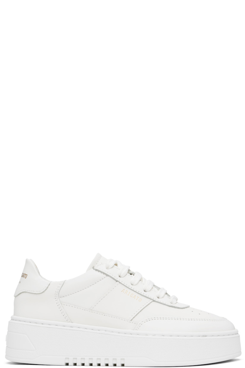 Handcrafted low-top LWG-certified buffed leather sneakers in white.

· Perforations at toe
· Lace-up closure
· Padded tongue and collar 
· Logo stamp at outer side and heel tab 
· Buffed leather and faux-suede lining
· Logo embossed at platform rubber midsole
· Treaded rubber sole
· Platform: H1.75"

Supplier color: White/White