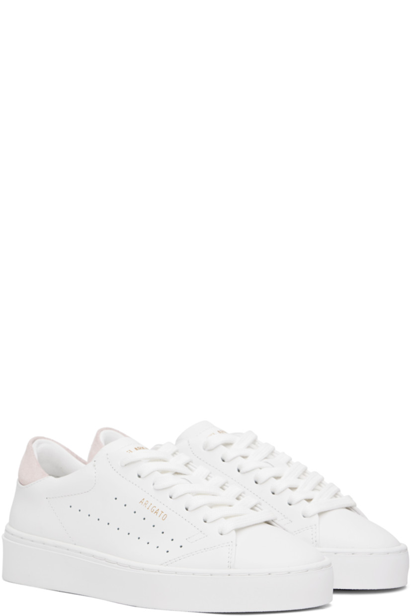 Handcrafted low-top LWG-certified buffed leather sneakers in white and pink.

· Lace-up closure
· Logo stamp at padded tongue
· Padded collar
· Logo stamp at outer side
· Perforations at sides
· Suede trim at heel tab
· Buffed leather and faux-suede lining
· Logo embossed at rubber midsole
· Treaded rubber sole

Supplier color: White/Pink