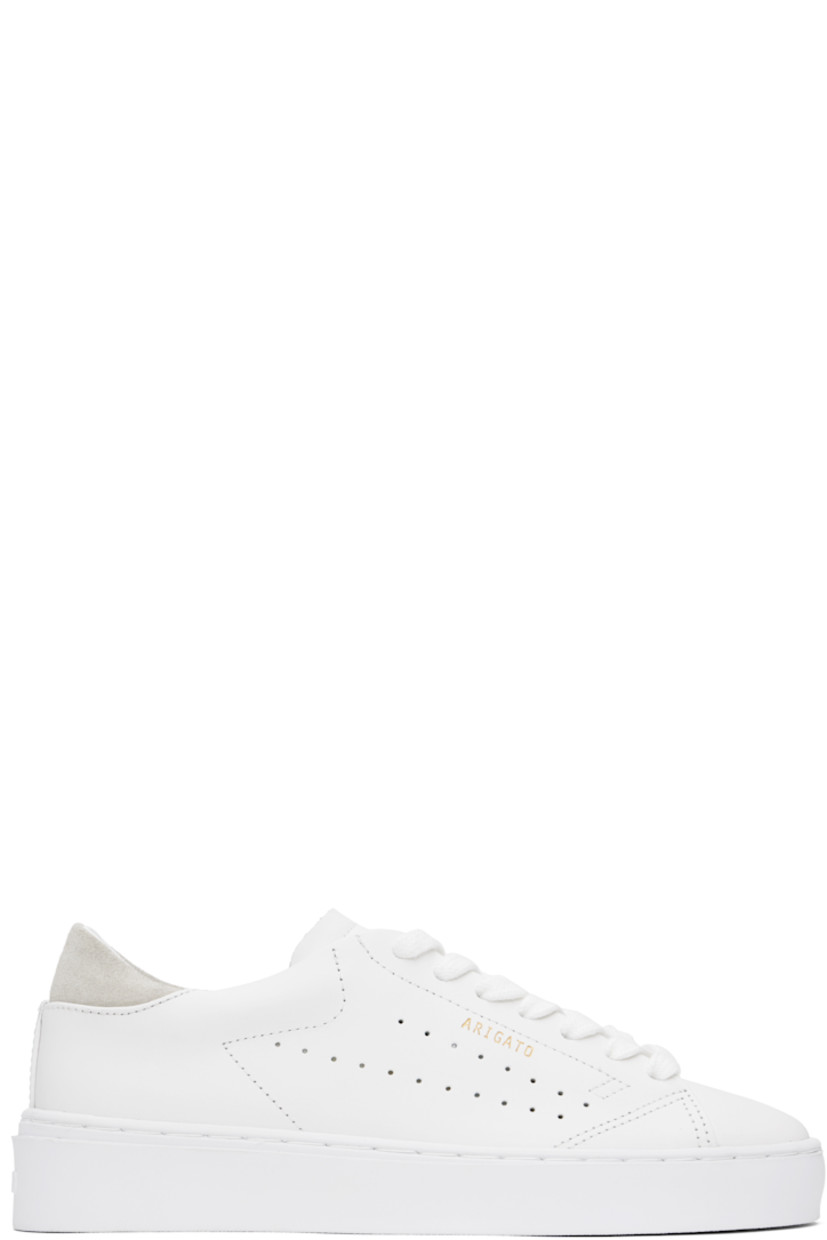 Handcrafted low-top LWG-certified buffed leather sneakers in white.

· Lace-up closure
· Logo stamp at padded tongue
· Padded collar
· Logo stamp at outer side
· Perforations at sides
· Suede trim at heel tab
· Buffed leather and faux-suede lining
· Logo embossed at rubber midsole
· Treaded rubber sole

Supplier color: White/Taupe