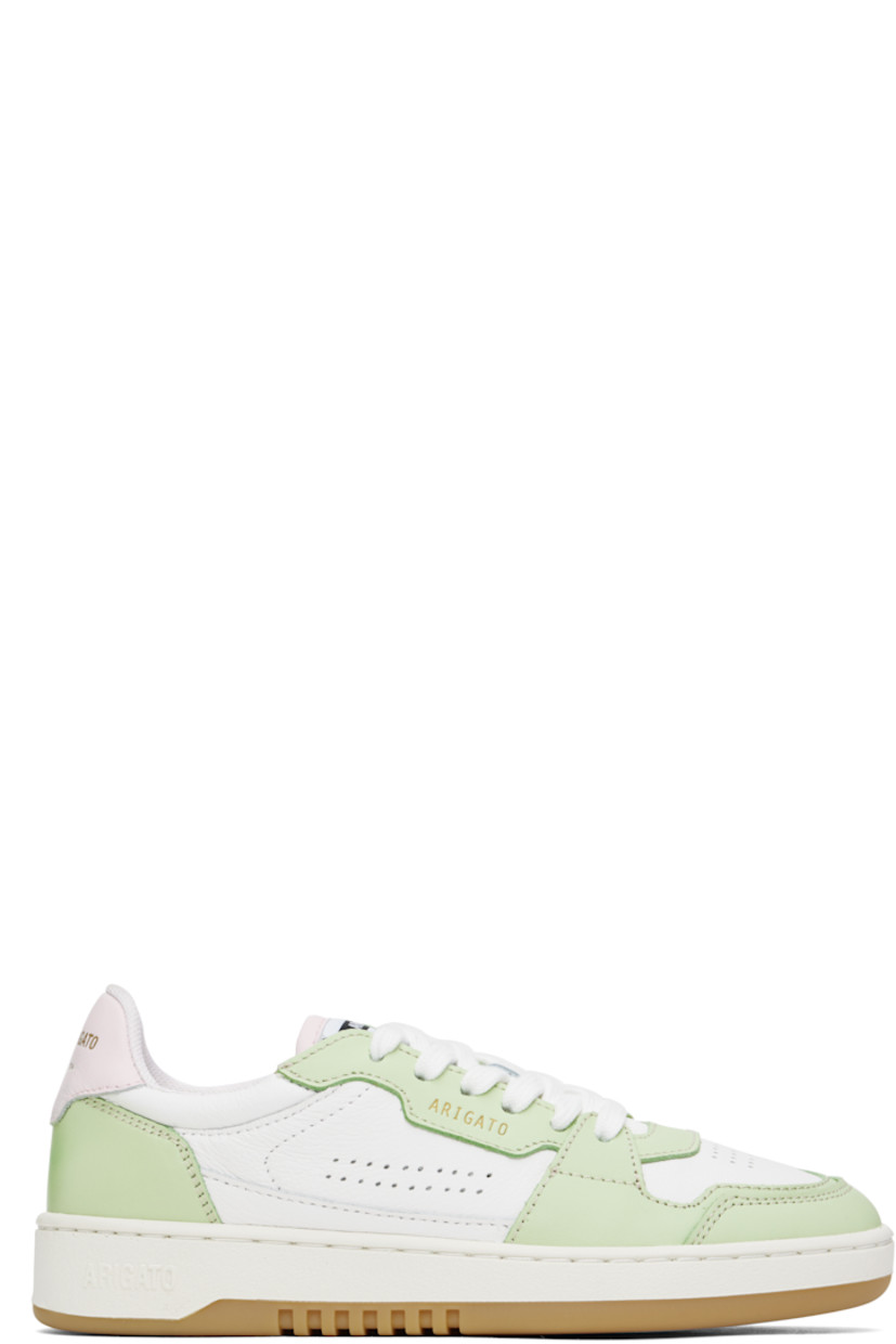 Handcrafted low-top buffed leather sneakers in white and green. 

· Perforations at toe and sides
· Lace-up closure
· Logo patch at padded canvas tongue
· Padded collar
· Logo stamp at outer side and heel tab
· Recycled mesh and faux-suede lining
· Logo embossed at textured rubber midsole
· Treaded rubber sole

Supplier color: White/Lt green