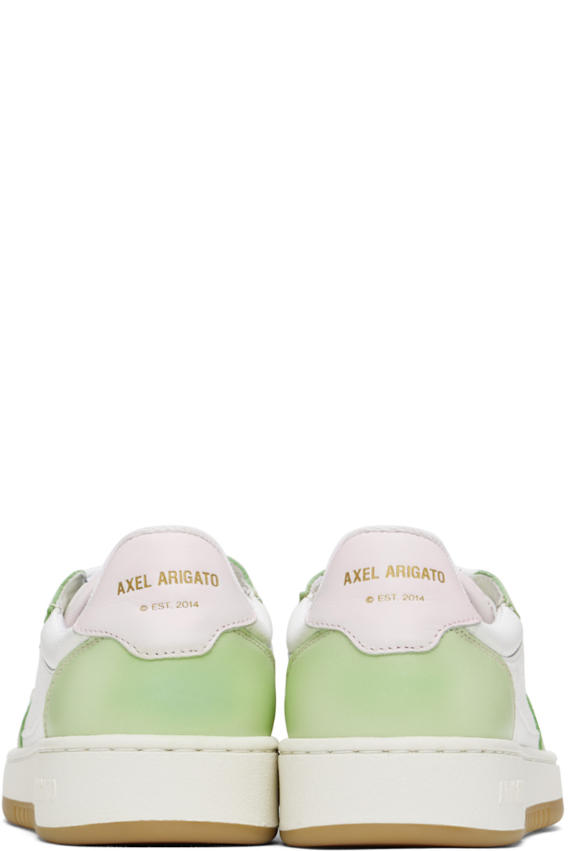Handcrafted low-top buffed leather sneakers in white and green. 

· Perforations at toe and sides
· Lace-up closure
· Logo patch at padded canvas tongue
· Padded collar
· Logo stamp at outer side and heel tab
· Recycled mesh and faux-suede lining
· Logo embossed at textured rubber midsole
· Treaded rubber sole

Supplier color: White/Lt green