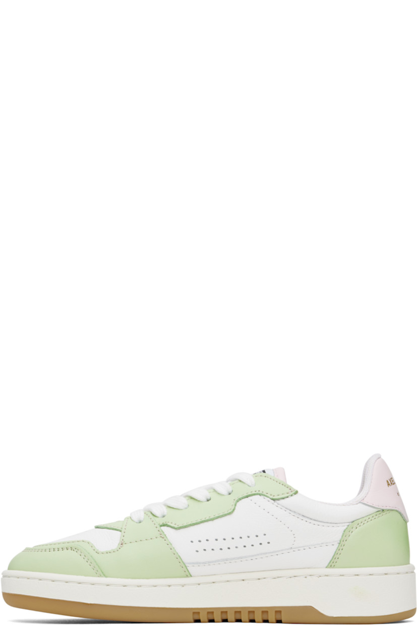 Handcrafted low-top buffed leather sneakers in white and green. 

· Perforations at toe and sides
· Lace-up closure
· Logo patch at padded canvas tongue
· Padded collar
· Logo stamp at outer side and heel tab
· Recycled mesh and faux-suede lining
· Logo embossed at textured rubber midsole
· Treaded rubber sole

Supplier color: White/Lt green